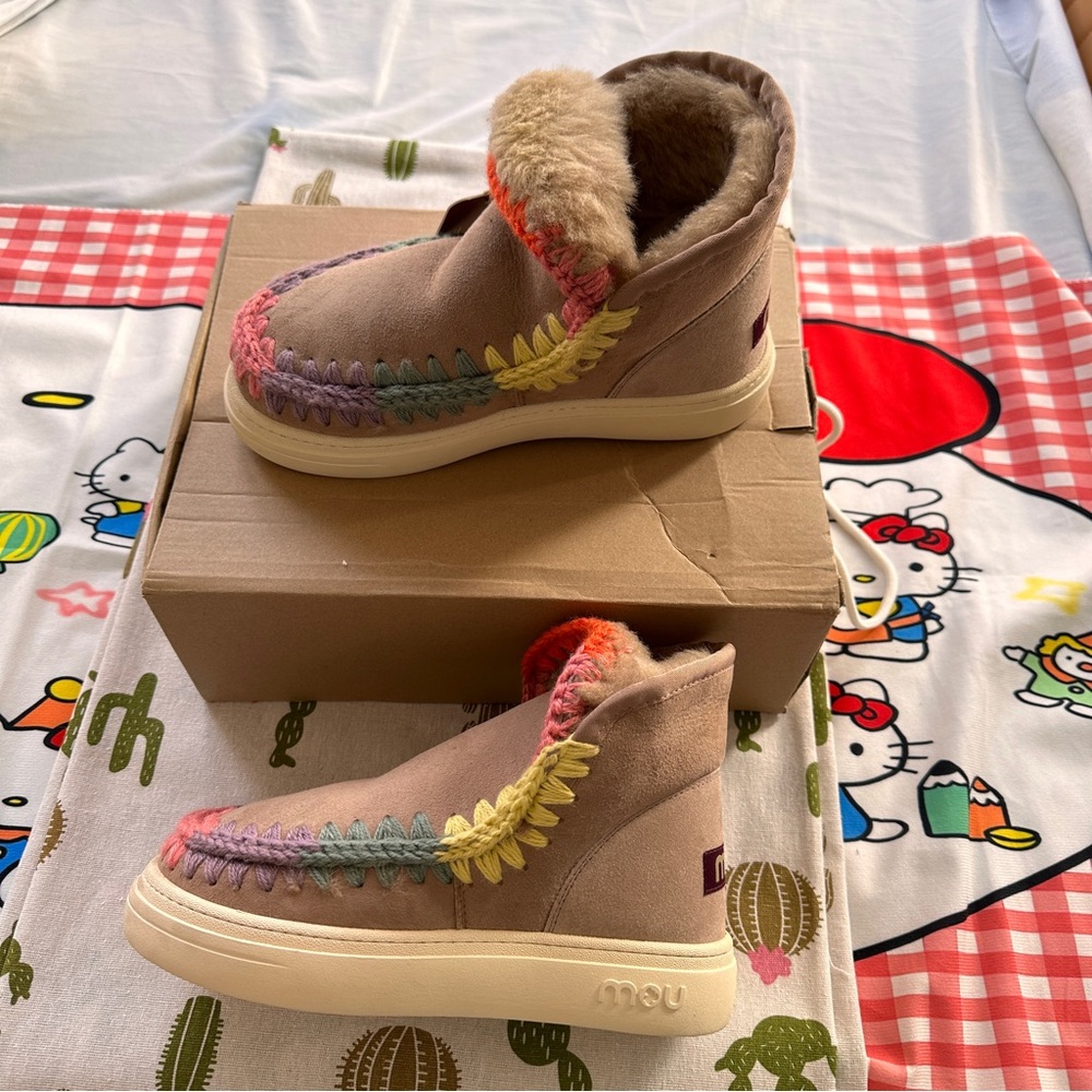 Mou Light Brown Patchwork Woven Snow Boots